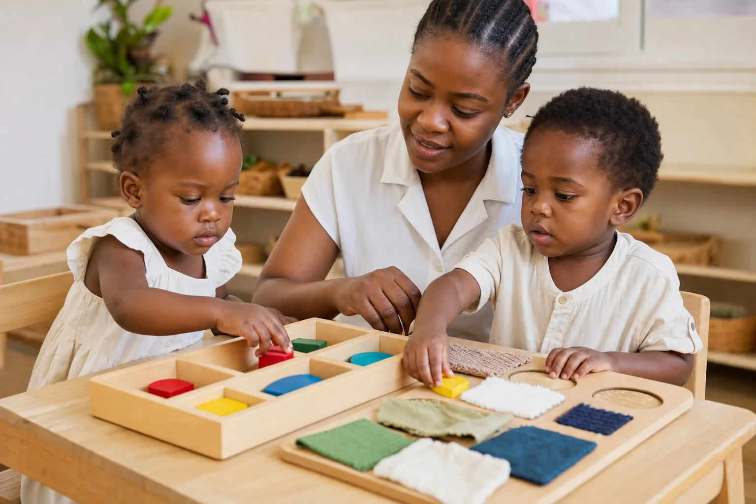 Des enfants découvrent une activité sensorielle accompagnés par une professionnelle