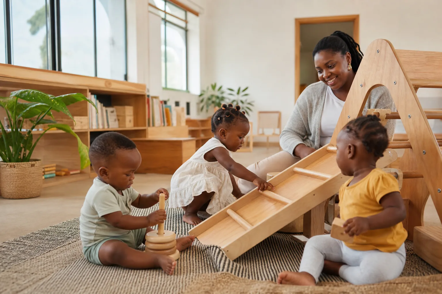Des tout-petits jouent dans un espace de crèche lumineux et sécurisé