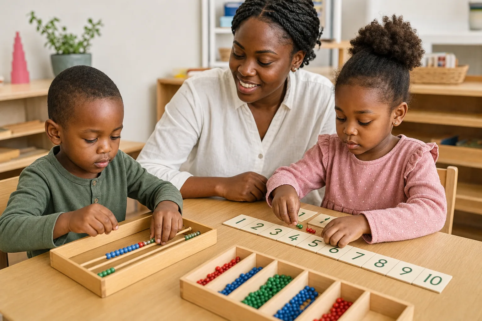 Des enfants utilisent du matériel Montessori pour découvrir les nombres