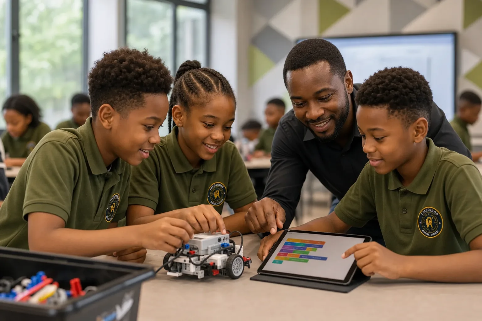 Des élèves en uniforme L'Eldorado construisent et programment un robot